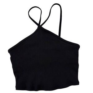 Alo Yoga Ribbed Halter Tank Top Black Cross Back Crop Athletic XS Womens